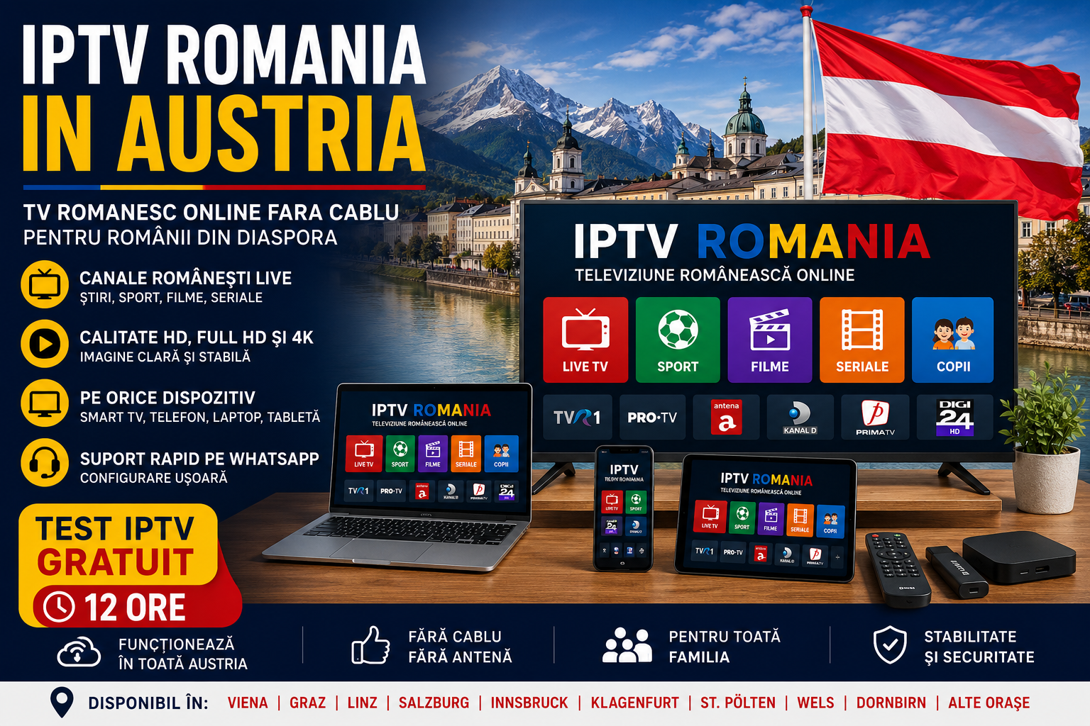 IPTV Romania in Austria cu TV românesc online fără cablu pe Smart TV