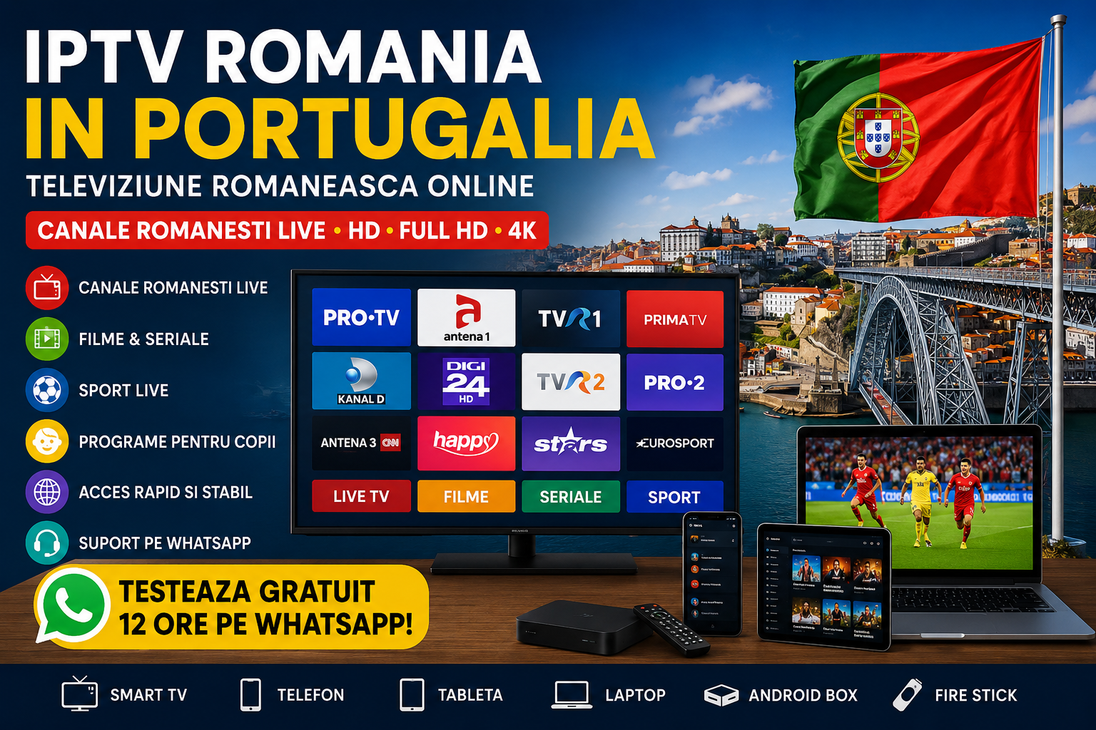 IPTV Romania in Portugalia cu televiziune romaneasca online pe Smart TV