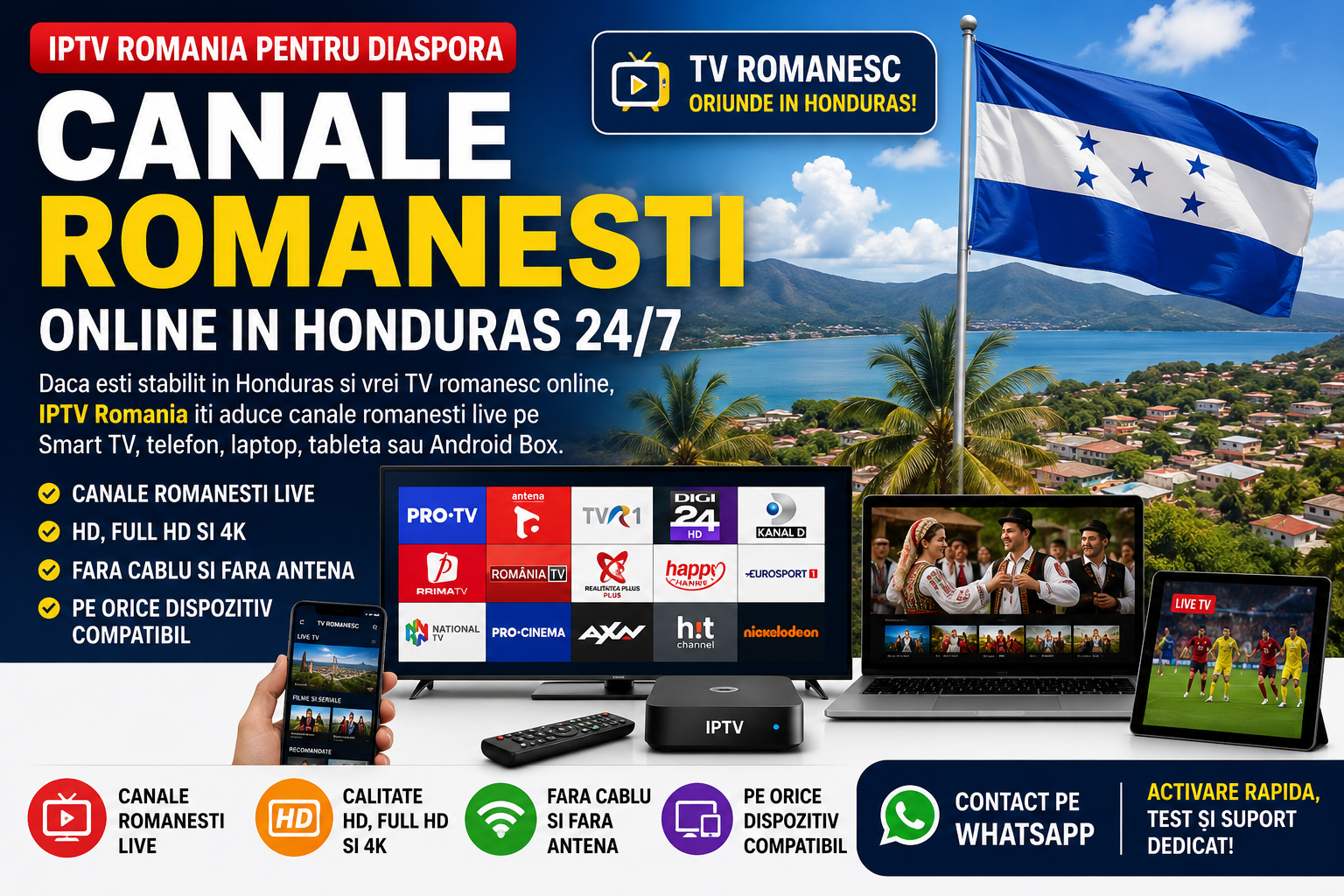 Canale romanesti online in Honduras prin IPTV Romania pe Smart TV, telefon, laptop, tableta si Android Box