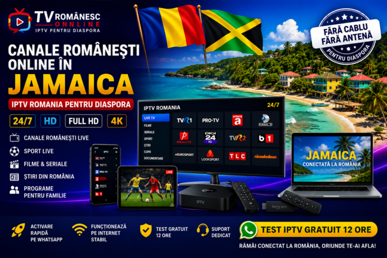 Canale romanesti online in Jamaica prin IPTV Romania pentru diaspora pe Smart TV, telefon, tableta si laptop