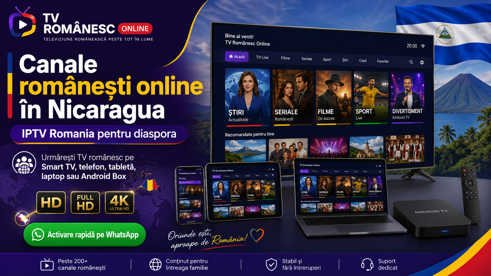 Canale romanesti online in Nicaragua prin IPTV Romania pe Smart TV, telefon, tableta, laptop si Android Box