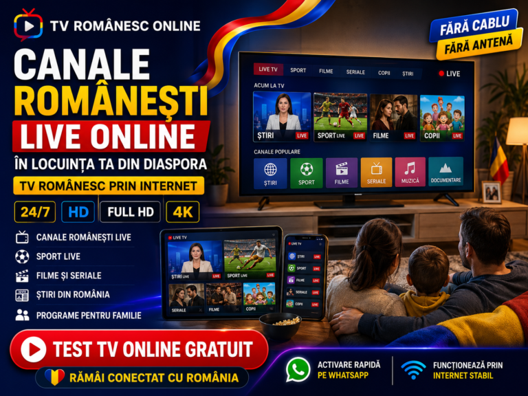 Televiziune românească prin internet, accesibilă acasă, pe Smart TV, tabletă și telefon.
