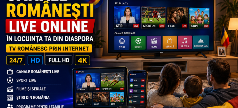 Televiziune românească prin internet, accesibilă acasă, pe Smart TV, tabletă și telefon.