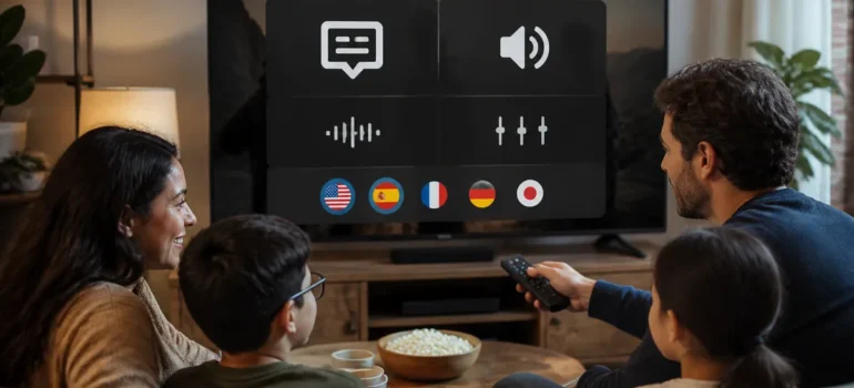 Ilustrație editorială pentru subtitrări, dublaj și piste audio: setări utile pentru filme și seriale