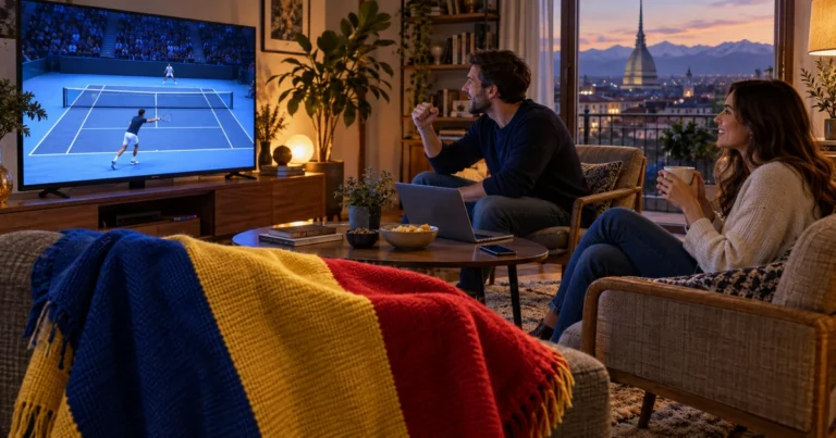 Cuplu într-un living urmărind tenis masculin pe televizor, cu laptop, telefon și tricolor românesc în prim-plan