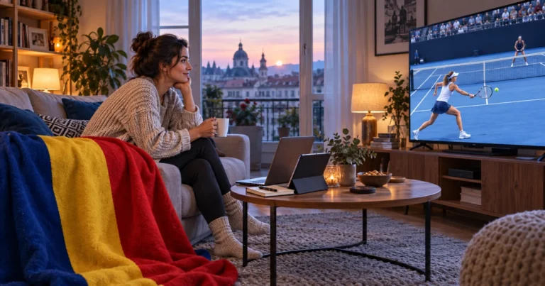 Femeie urmărește tenis la televizor în lumina dimineții, lângă laptop, tabletă și o pătură tricoloră românească