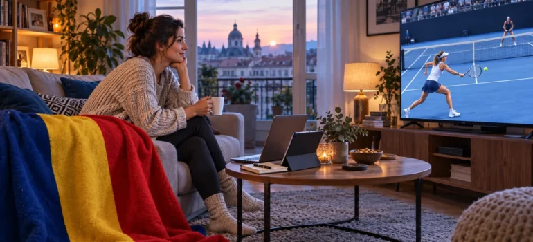 Femeie urmărește tenis la televizor în lumina dimineții, lângă laptop, tabletă și o pătură tricoloră românească