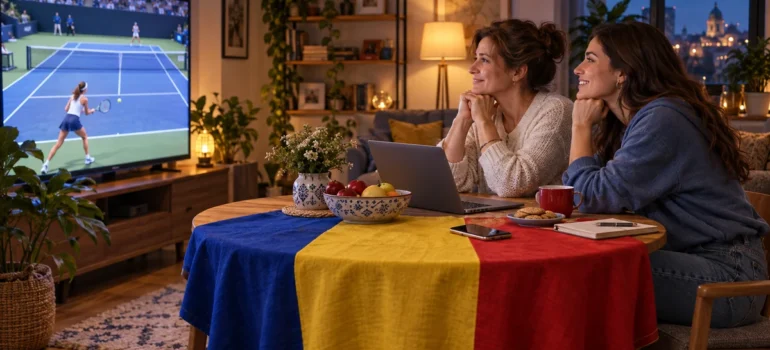 Două femei privesc tenis feminin pe televizor, lângă un laptop și telefon, cu tricolor românesc drapat pe masă