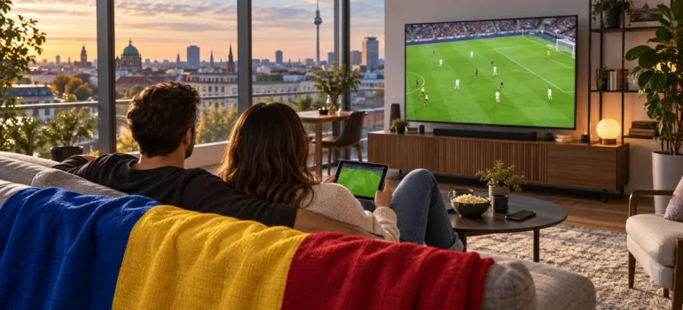 Cuplu urmărind fotbal pe televizor într-un apartament luminos, cu tabletă, telefon și tricolor românesc pe canapea