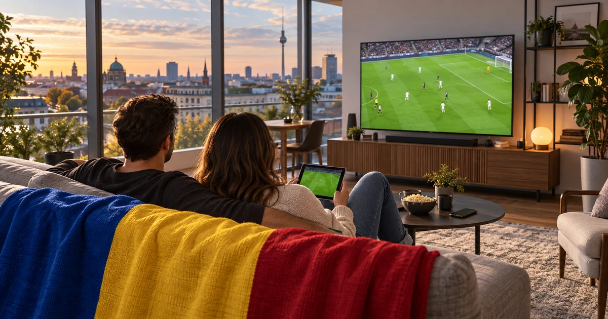 Cuplu urmărind fotbal pe televizor într-un apartament luminos, cu tabletă, telefon și tricolor românesc pe canapea