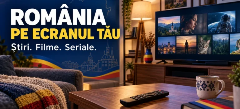Televizor cu imagini generice de programe, telecomandă și cană pe o masă de living, cu accente tricolore și mesajul România pe ecranul tău.