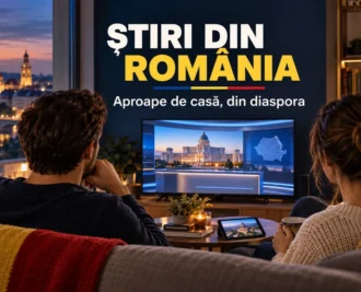Doi adulți priviți din spate urmăresc un televizor cu un studio generic de știri, într-un living cu accente tricolore și textul Știri din România.
