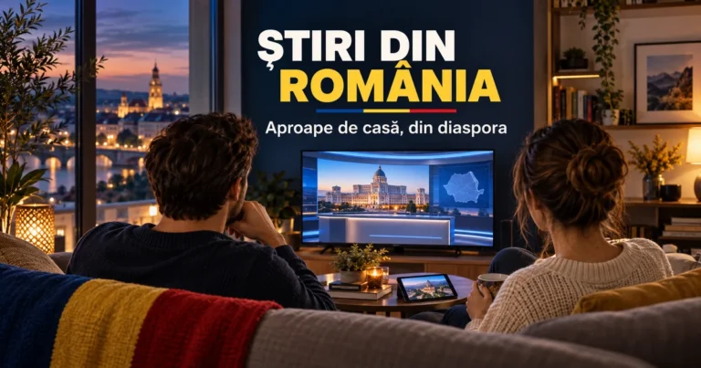 Doi adulți priviți din spate urmăresc un televizor cu un studio generic de știri, într-un living cu accente tricolore și textul Știri din România.