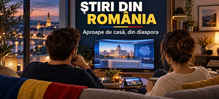 Doi adulți priviți din spate urmăresc un televizor cu un studio generic de știri, într-un living cu accente tricolore și textul Știri din România.