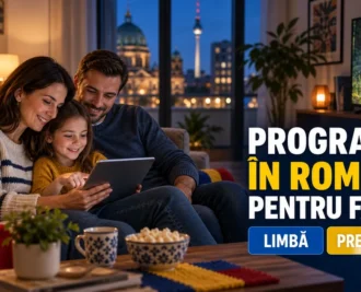 Părinți și copil aleg programe pe o tabletă într-un living cu televizor, accente tricolor și headline despre programe în română pentru familie.
