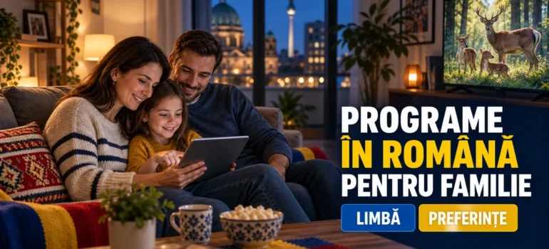 Părinți și copil aleg programe pe o tabletă într-un living cu televizor, accente tricolor și headline despre programe în română pentru familie.