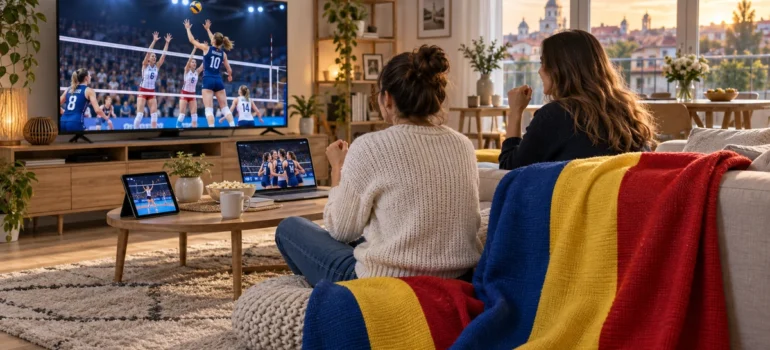 Două femei urmăresc volei pe televizor, cu laptop, tabletă și pături tricolore în living