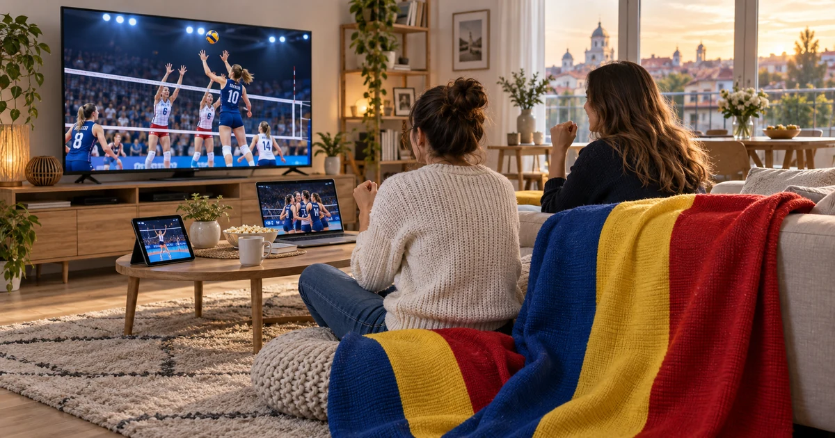 Două suportere urmăresc volei pe televizor într-un living cu dispozitive și tricolor românesc