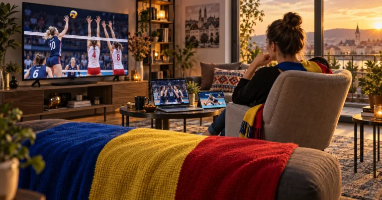 Femeie urmărește volei pe televizor într-un living cu laptop, tabletă și pătură în culorile tricolorului românesc