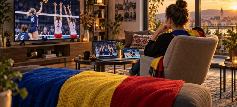 Femeie urmărește volei pe televizor într-un living cu laptop, tabletă și pătură în culorile tricolorului românesc