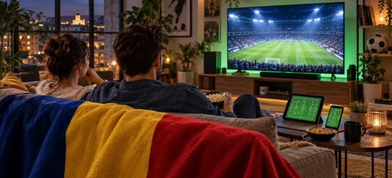 Cuplu urmărind fotbal pe televizor într-un living cu tabletă, telefon și tricolor românesc pe canapea