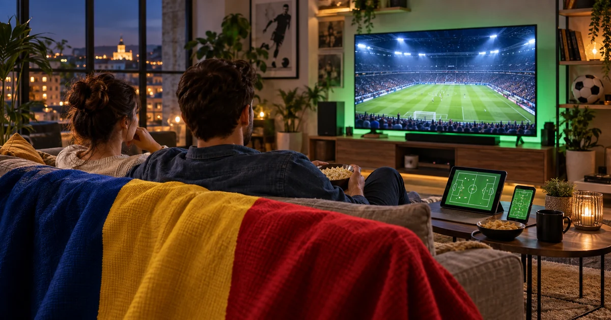 Cuplu urmărind fotbal pe televizor într-un living cu tabletă, telefon și tricolor românesc pe canapea