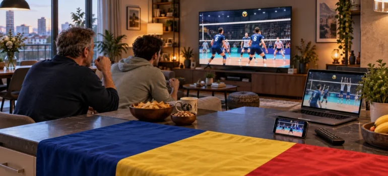 Doi bărbați urmăresc volei pe televizor, cu laptop și telefon pe o insulă de bucătărie decorată cu tricolorul românesc