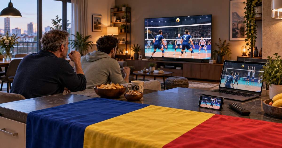 Suporteri urmăresc volei pe televizor, cu laptop, telefon și material tricolor în locuință