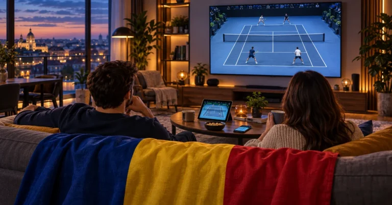 Doi adulți privesc tenis de dublu pe televizor, cu tabletă și telefon pe masă și tricolor pe spătarul canapelei