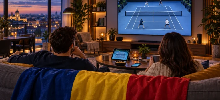 Doi adulți privesc tenis de dublu pe televizor, cu tabletă și telefon pe masă și tricolor pe spătarul canapelei