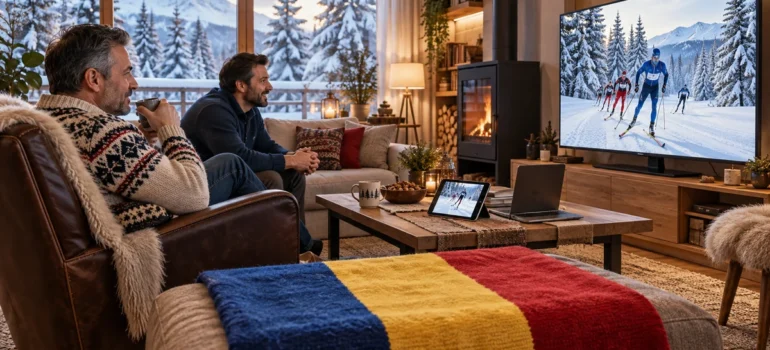 Doi bărbați urmăresc schi fond la televizor într-un living de iarnă, cu tabletă, laptop și pled tricolor