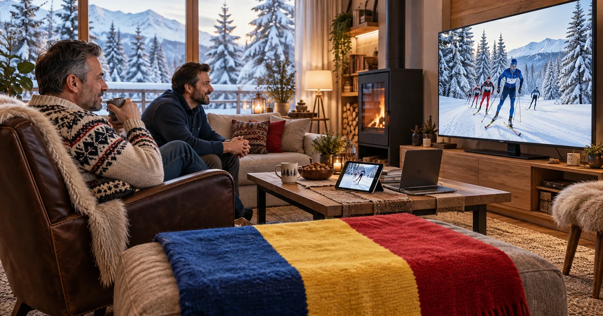 Doi bărbați urmăresc schi fond la televizor într-un living de iarnă, cu tabletă, laptop și pled tricolor