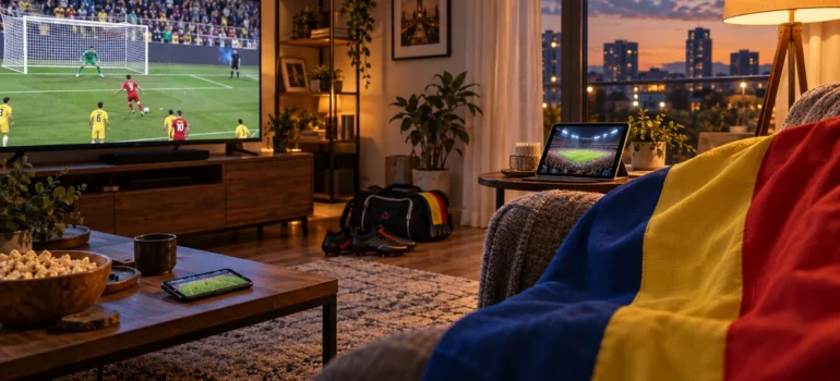 Living cu televizor, tabletă și telefon pentru fotbal, cu tricolor românesc drapat pe fotoliu