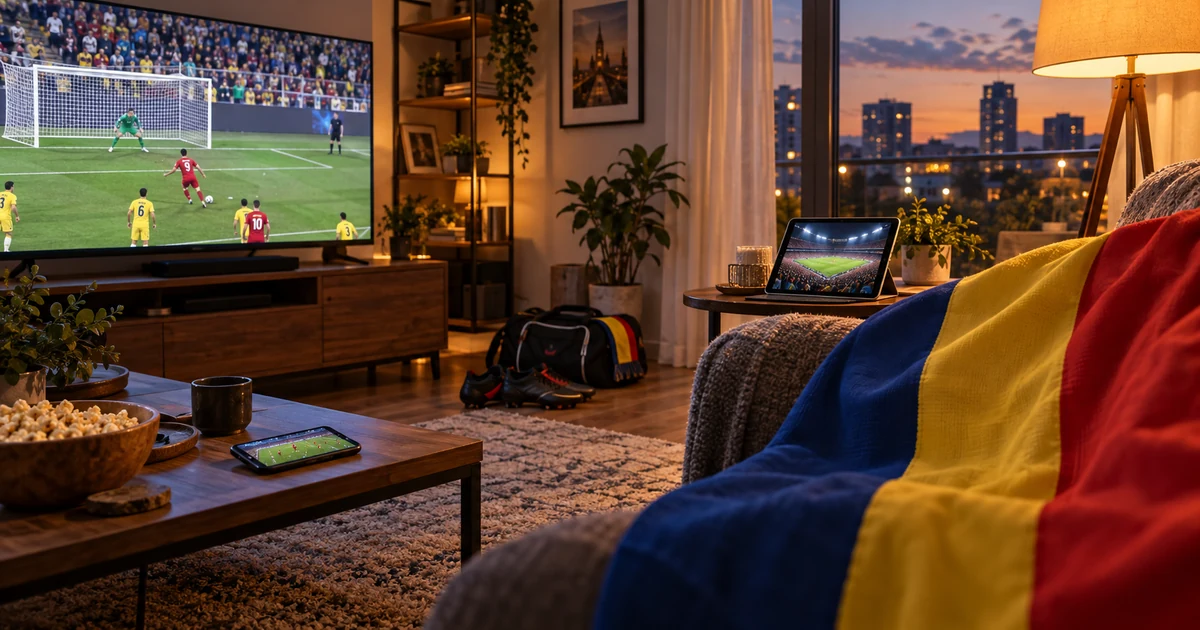 Living cu televizor, tabletă și telefon pentru fotbal, cu tricolor românesc drapat pe fotoliu