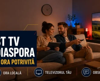 Cuplu cu telecomandă și tabletă lângă un televizor într-un living; textul «Test TV în diaspora — Alege ora potrivită» și badge-urile Ora locală, Televizorul tău, Observații.