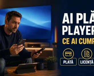 Bărbat cu telefon și telecomandă, lângă un televizor albastru și o tabletă; textul «Ai plătit playerul? Ce ai cumpărat?» și badge-urile Plată, Licență, Acces.