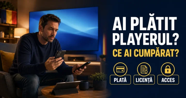 Bărbat cu telefon și telecomandă, lângă un televizor albastru și o tabletă; textul «Ai plătit playerul? Ce ai cumpărat?» și badge-urile Plată, Licență, Acces.