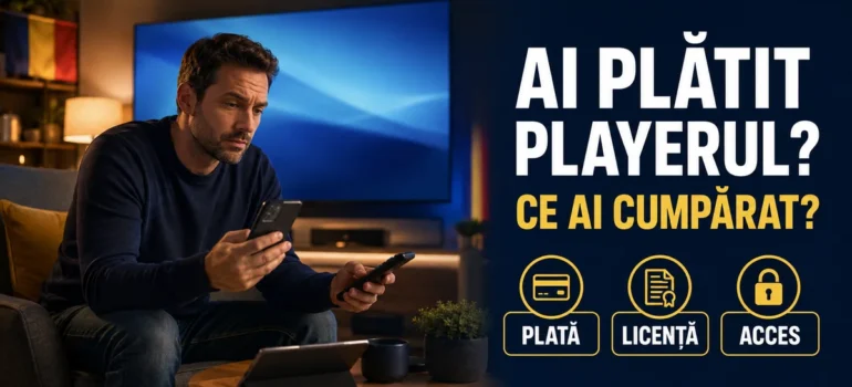 Bărbat cu telefon și telecomandă, lângă un televizor albastru și o tabletă; textul «Ai plătit playerul? Ce ai cumpărat?» și badge-urile Plată, Licență, Acces.