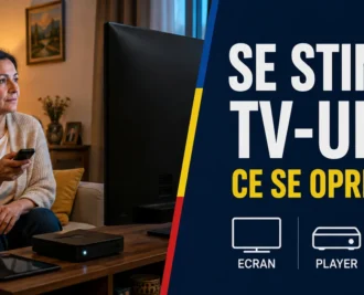 Femeie cu telecomandă într-un living, lângă un televizor, un box și o tabletă; textul «Se stinge TV-ul? Ce se oprește?» și reperele Ecran, Player, Timer.