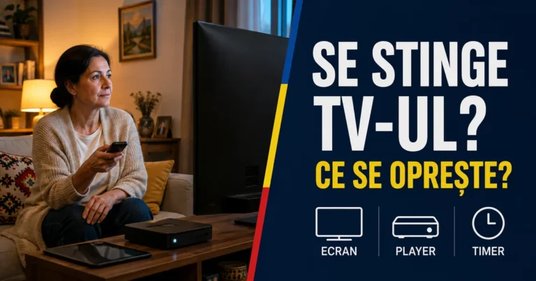 Femeie cu telecomandă într-un living, lângă un televizor, un box și o tabletă; textul «Se stinge TV-ul? Ce se oprește?» și reperele Ecran, Player, Timer.