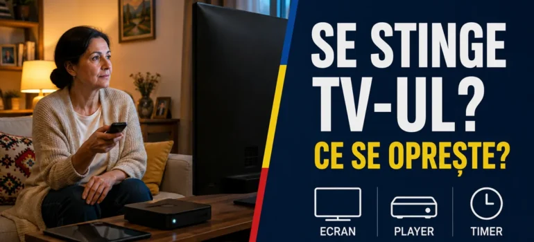 Femeie cu telecomandă într-un living, lângă un televizor, un box și o tabletă; textul «Se stinge TV-ul? Ce se oprește?» și reperele Ecran, Player, Timer.