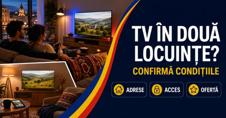 Două scene de living cu televizoare, un cuplu pe canapea și o tabletă în a doua scenă; text «TV în două locuințe?» și badge-uri Adrese, Acces, Ofertă.