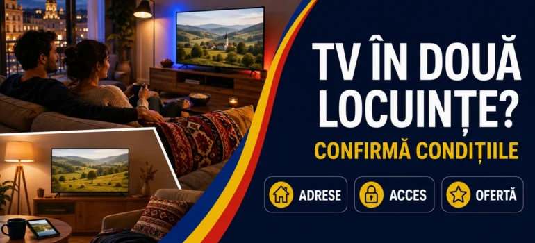 Două scene de living cu televizoare, un cuplu pe canapea și o tabletă în a doua scenă; text «TV în două locuințe?» și badge-uri Adrese, Acces, Ofertă.