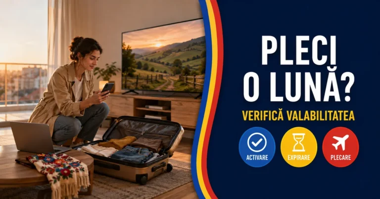 Femeie verificând telefonul lângă o valiză deschisă, laptop și televizor într-un living; text Pleci o lună și badge-uri Activare, Expirare, Plecare.
