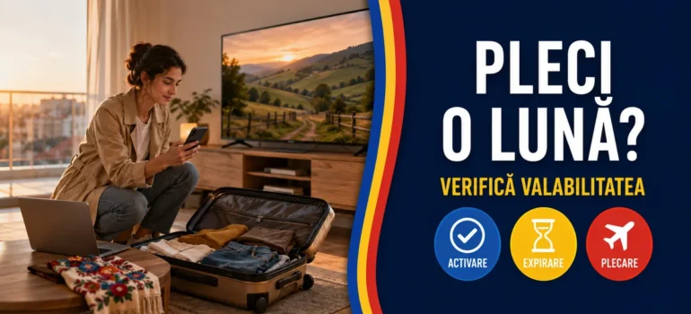 Femeie verificând telefonul lângă o valiză deschisă, laptop și televizor într-un living; text Pleci o lună și badge-uri Activare, Expirare, Plecare.