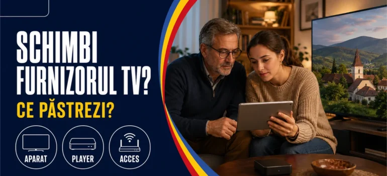 Bărbat cu ochelari și femeie privind o tabletă lângă televizor; headline «Schimbi furnizorul TV? Ce păstrezi?» și badge-urile Aparat, Player, Acces.