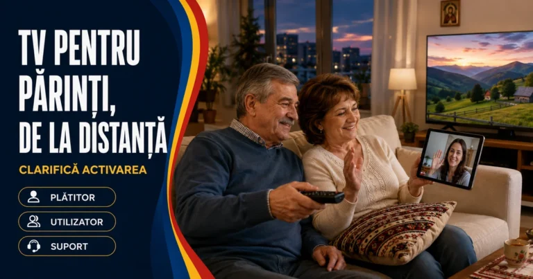 Cuplu în vârstă pe canapea, cu telecomandă și tabletă într-un apel video; televizor cu peisaj și text «TV pentru părinți, de la distanță». Badge-uri Plătitor, Utilizator, Suport.