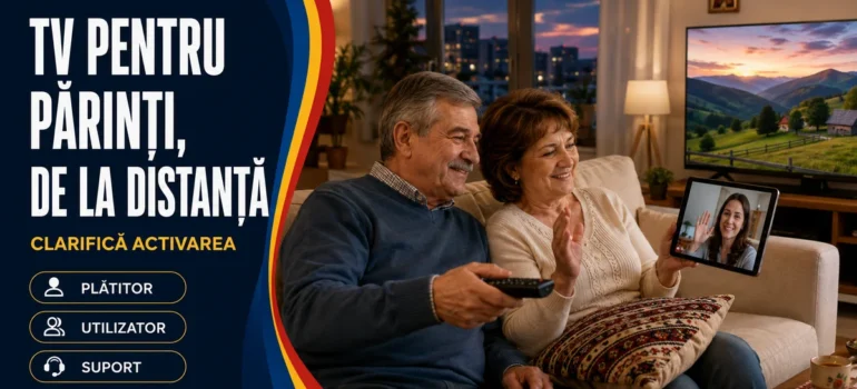 Cuplu în vârstă pe canapea, cu telecomandă și tabletă într-un apel video; televizor cu peisaj și text «TV pentru părinți, de la distanță». Badge-uri Plătitor, Utilizator, Suport.
