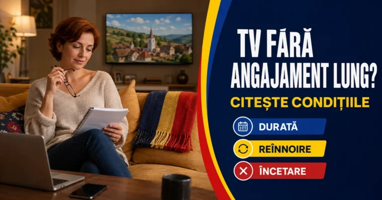 Femeie cu ochelari în mână și caiet deschis, lângă laptop și telefon într-un living cu televizor; text «TV fără angajament lung?» și badge-uri Durată, Reînnoire, Încetare.