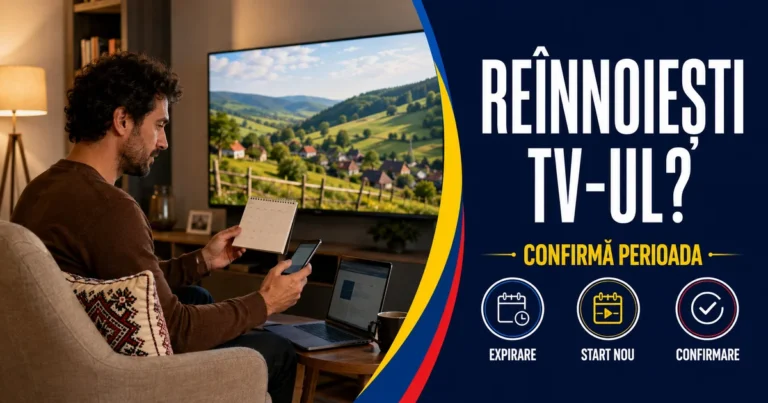 Bărbat comparând un calendar cu telefonul într-un living cu televizor și laptop; text «Reînnoiești TV-ul?» și badge-uri Expirare, Start nou, Confirmare.